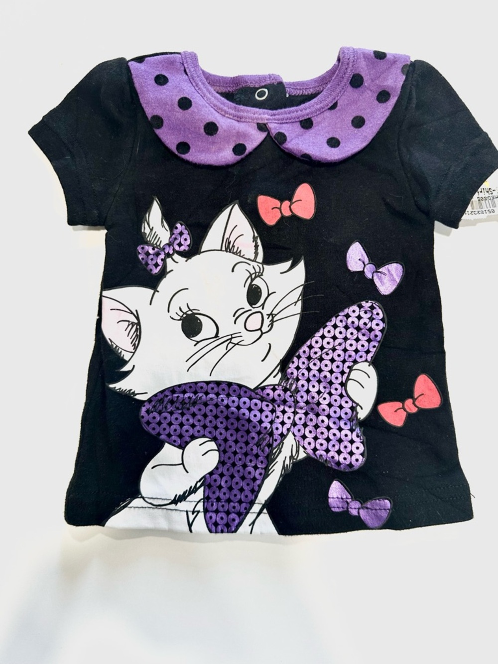 Disney Black Tee with Purple Sequin Bow Kitty and Polka Dot Collar